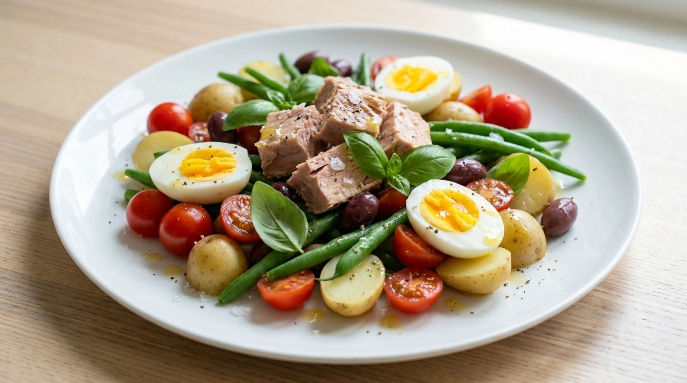 Tonfisksallad med ägg och gröna bönor – fräsch picknicksallad - traditionellt Sverige Picknick & Utflykt recept, perfekt till vardagsmiddag