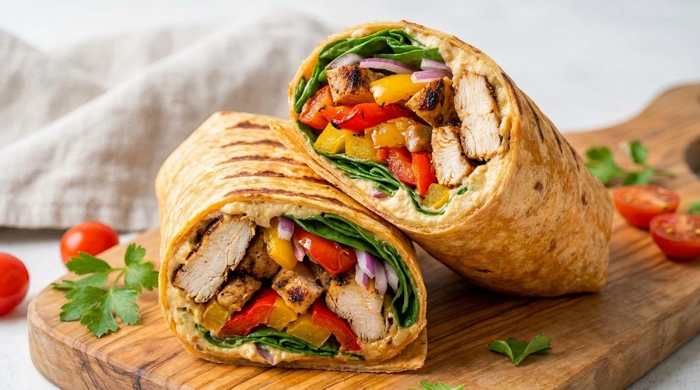 Vegetarisk wrap med hummus och rostade grönsaker – perfekt picknickmat - traditionellt Sverige Picknick & Utflykt recept, perfekt till vardagsmiddag