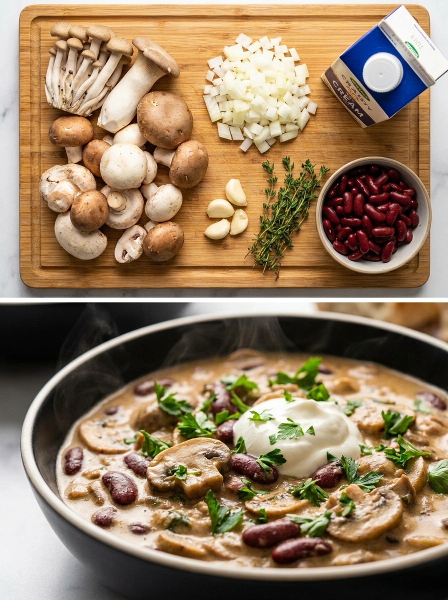 Svamp Stroganoff med Bönor - traditionellt Ryssland Vegetariskt recept, perfekt till vardagsmiddag