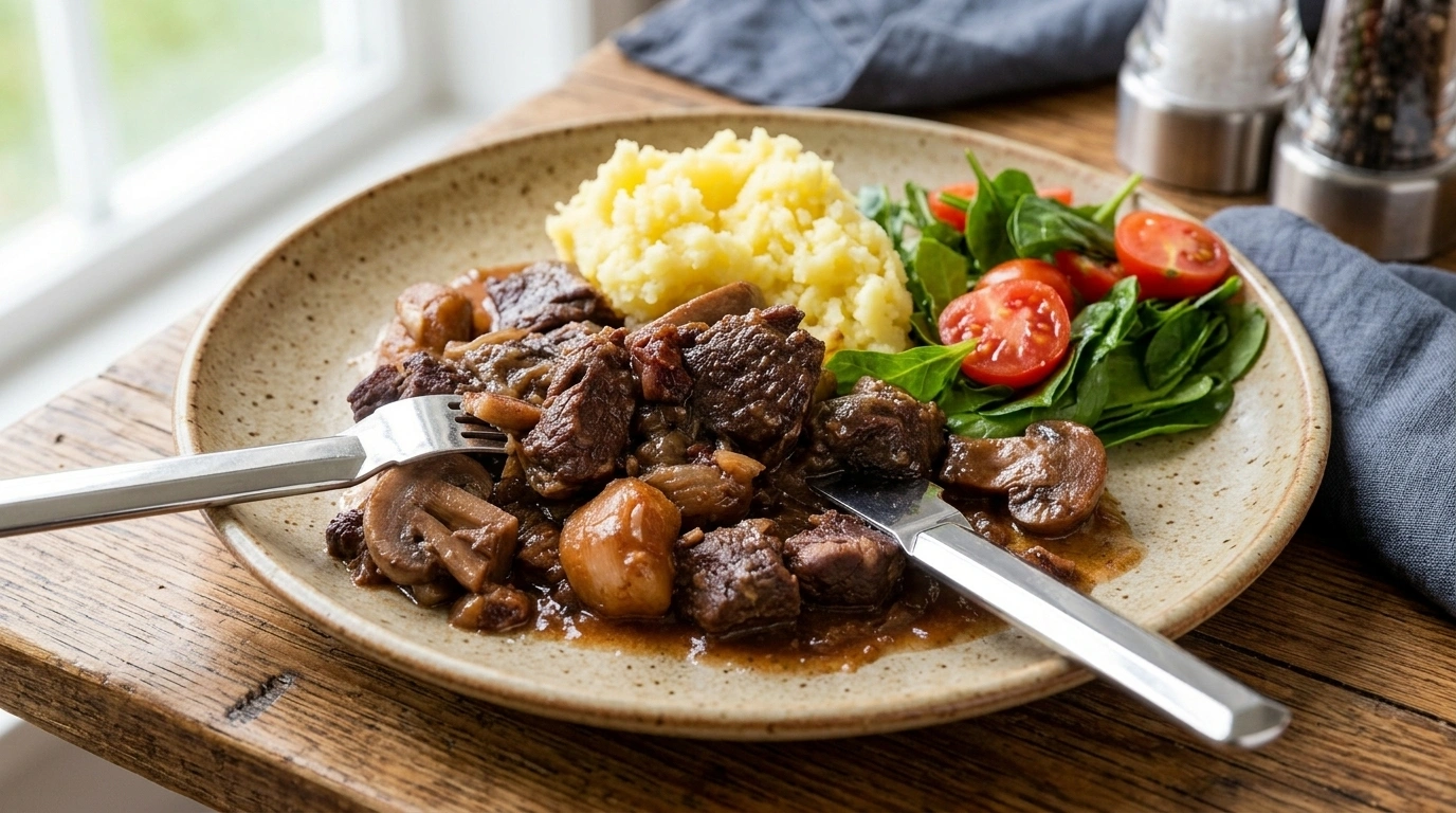 Biffgryta med rödvin, champinjoner och selleripuré