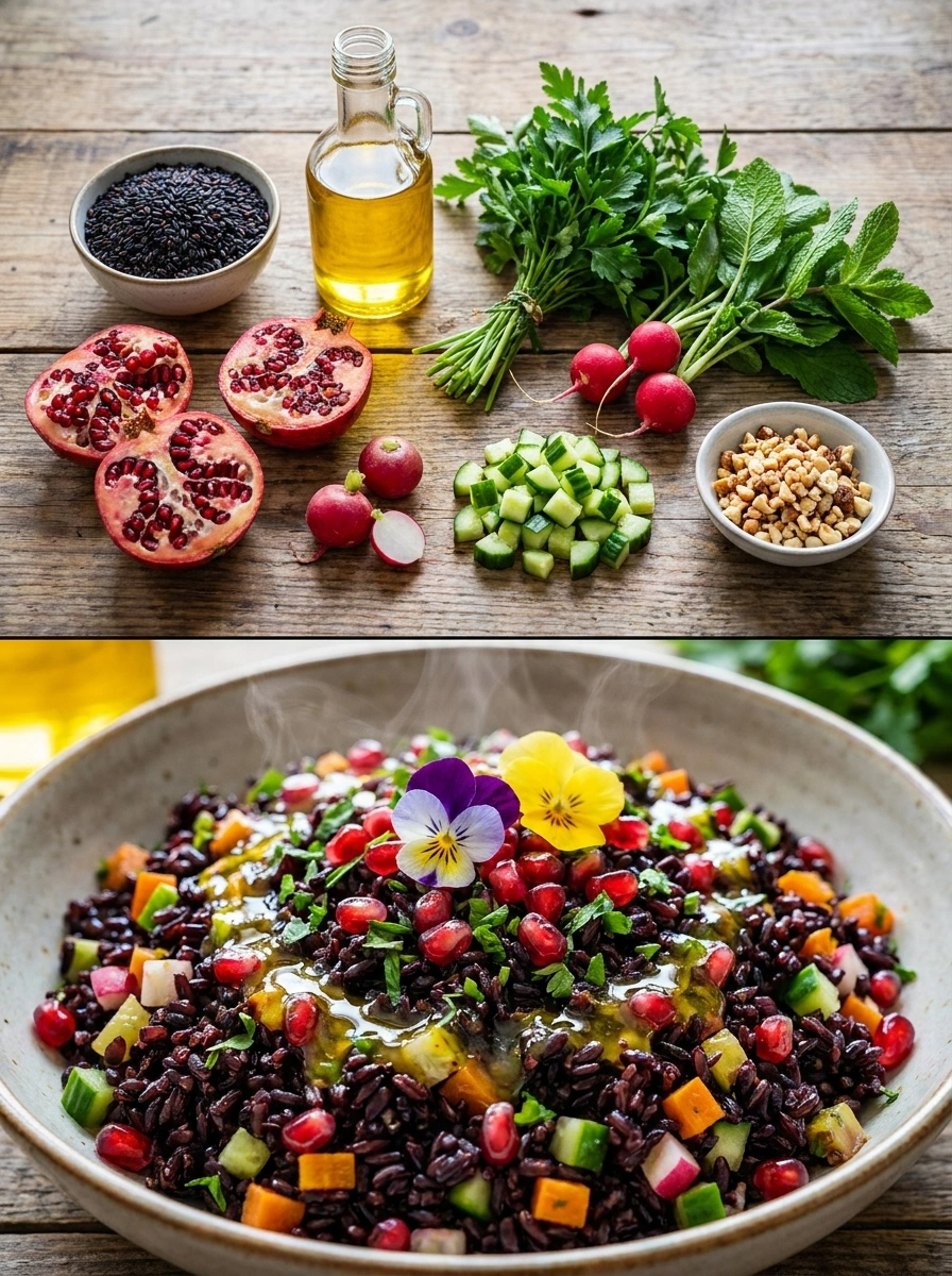 Black rice salad with rapeseed oil