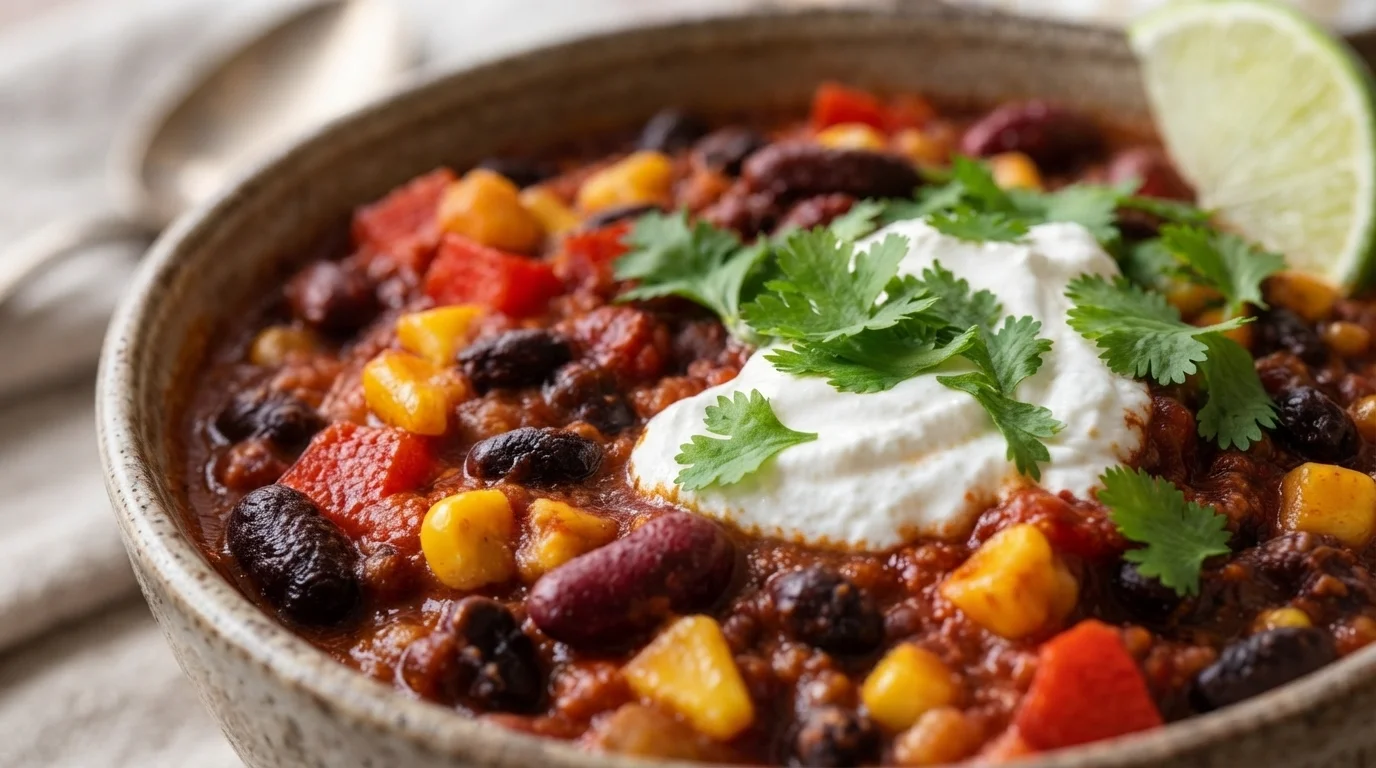 Chili sin carne med sötpotatis, majs och svarta bönor i en kastrull, toppad med guacamole och koriander.