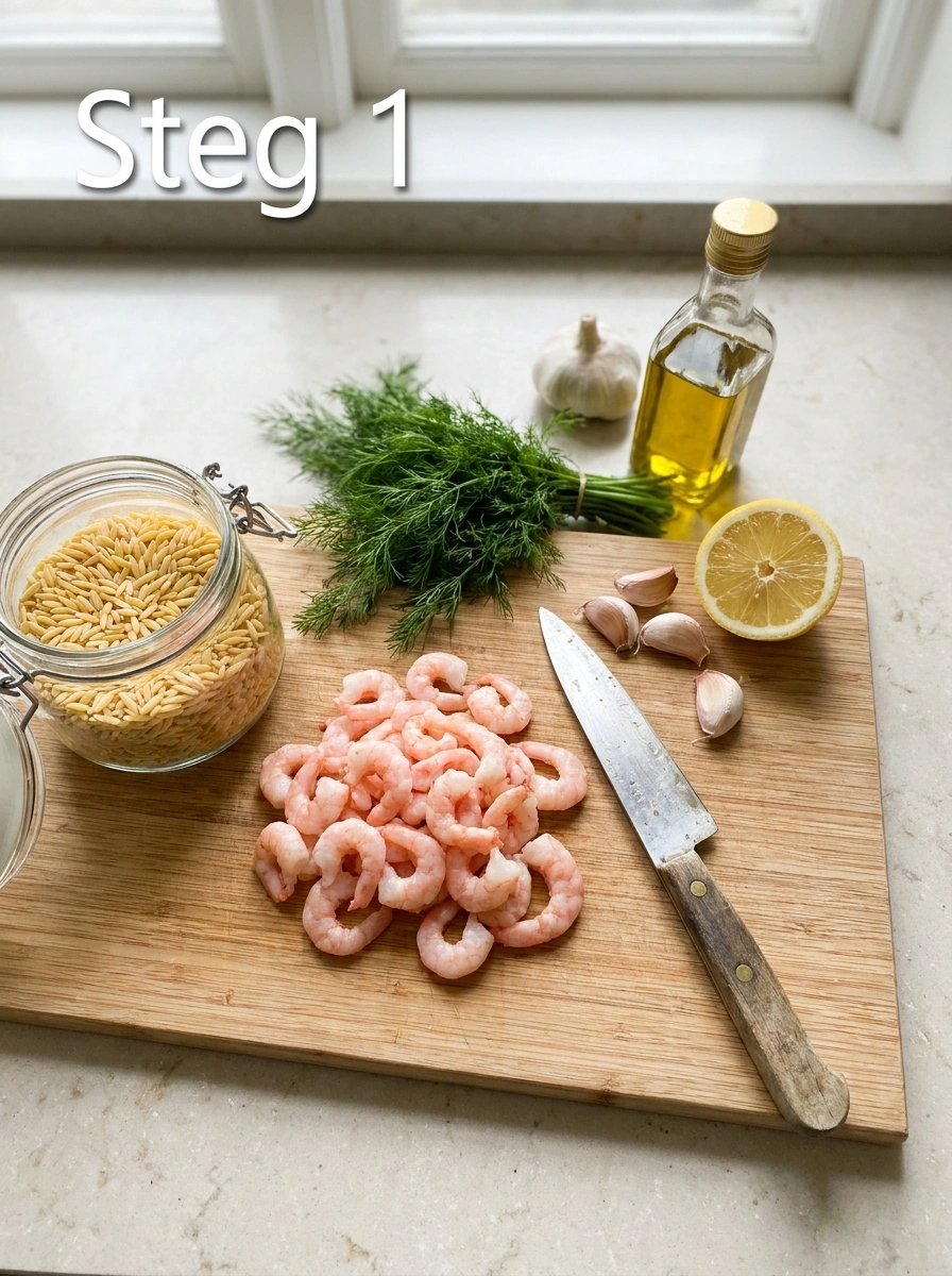 Förbered dill, citron och skala räkor