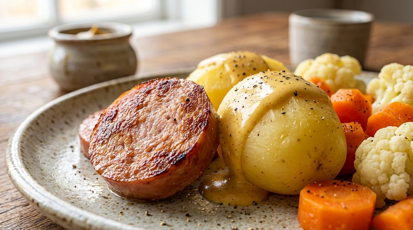 En panna falukorv, potatis och senap