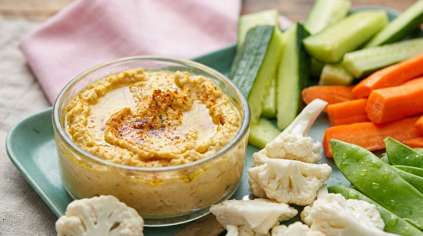 Färdig hummus med grönsaksstavar – Nyttigt mellanmål på 2 minuter - traditionellt Libanesisk Mellanmål recept, perfekt till vardagsmiddag