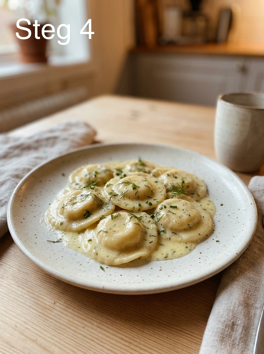 Koka ravioli och servera med smörsås