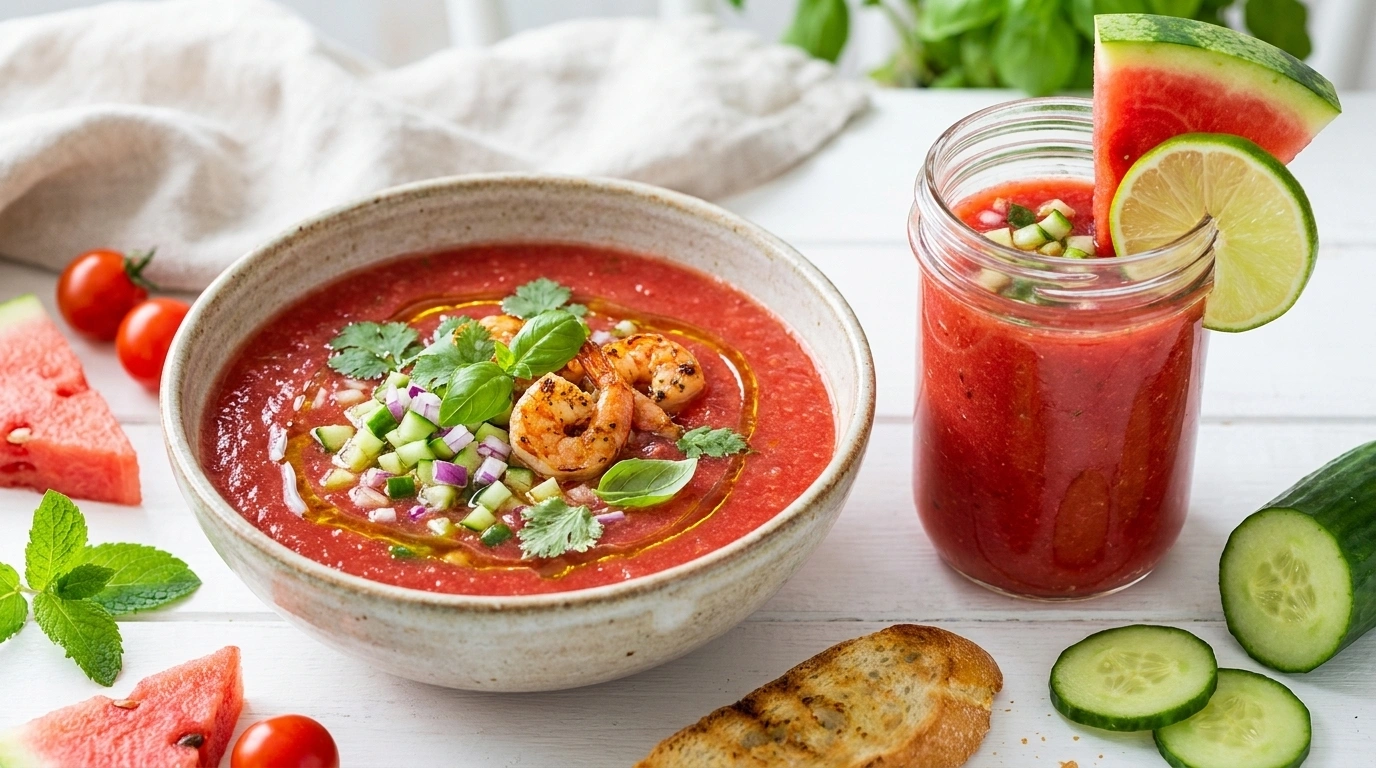 Gazpacho med vattenmelon – Svalkande sommarsoppa pa 10 minuter - traditionellt Spanien Soppa recept, perfekt till vardagsmiddag