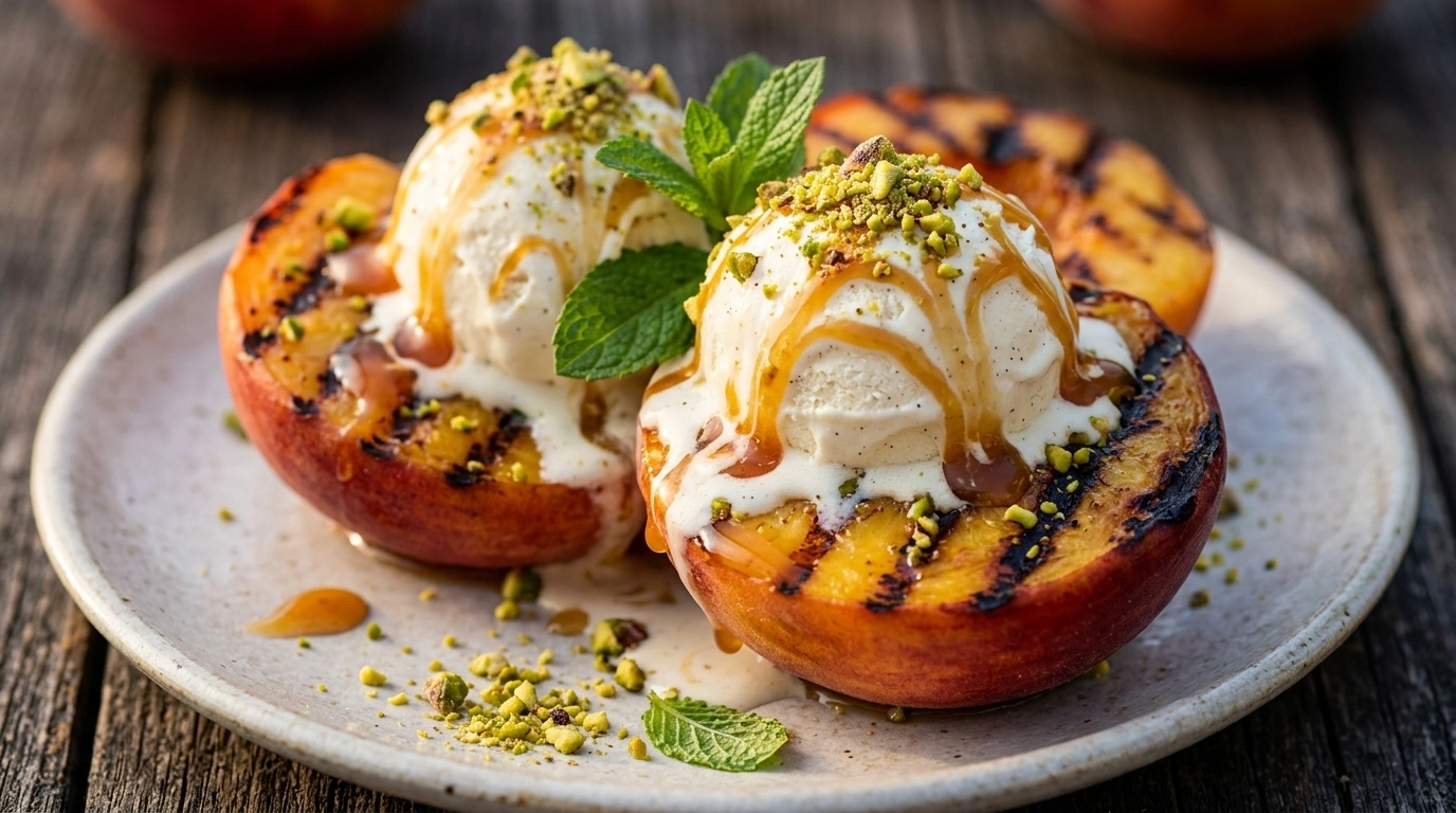 Grillade persikor med vaniljglass – enkel sommardessert på grillen på 10 minuter - traditionellt Italien Efterrätter recept, perfekt till vardagsmiddag