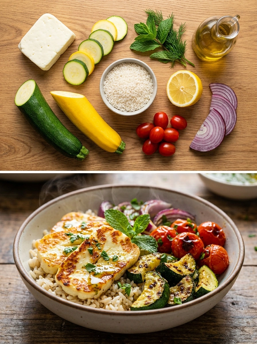 Halloumi rice bowl med grillad zucchini