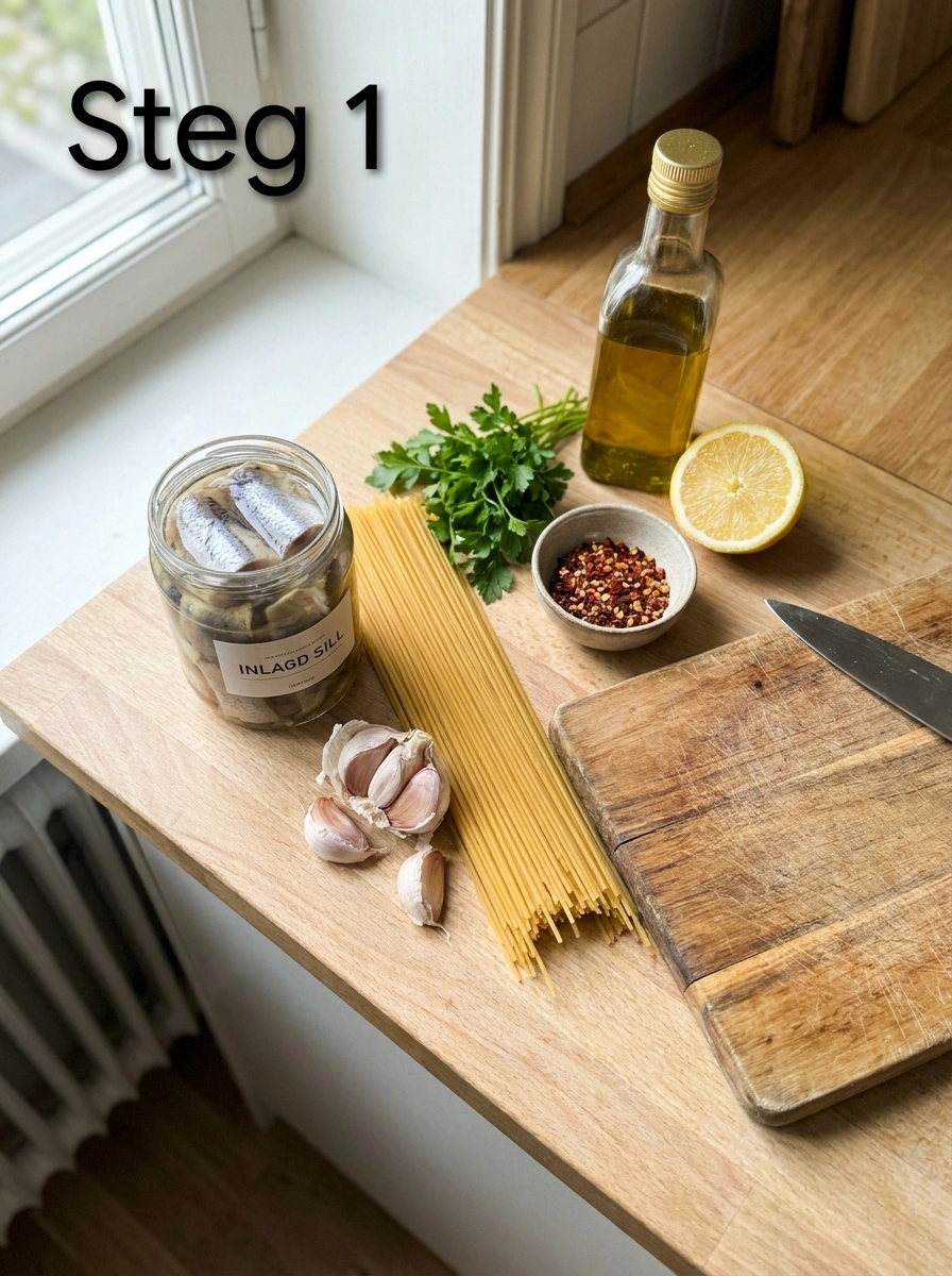 Förbered sill och koka spaghetti