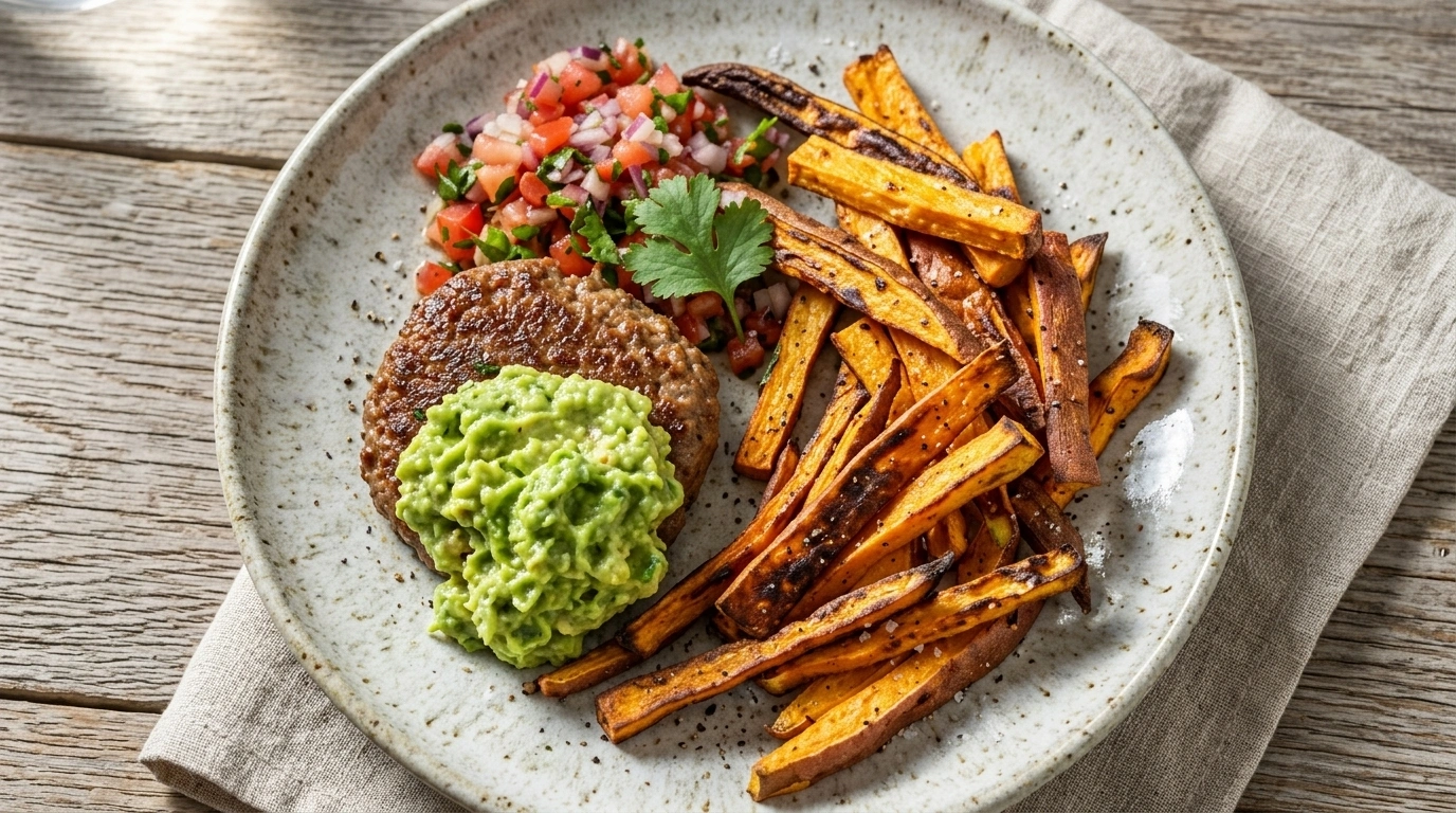 Kalkonbiffar med avokado och sötpotatisklyftor