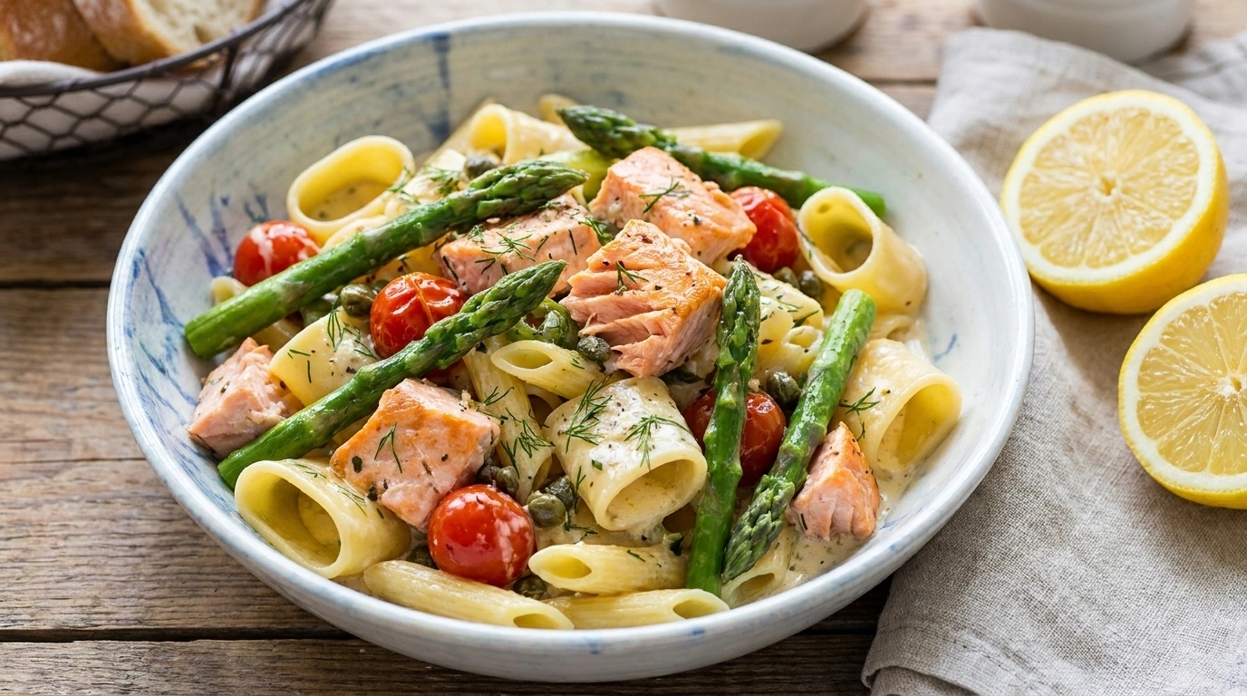 Kall pastasallad med rokt lax och sparris – Lyxig sommarlunch pa 20 minuter - traditionellt Sverige Pastasallad recept, perfekt till vardagsmiddag