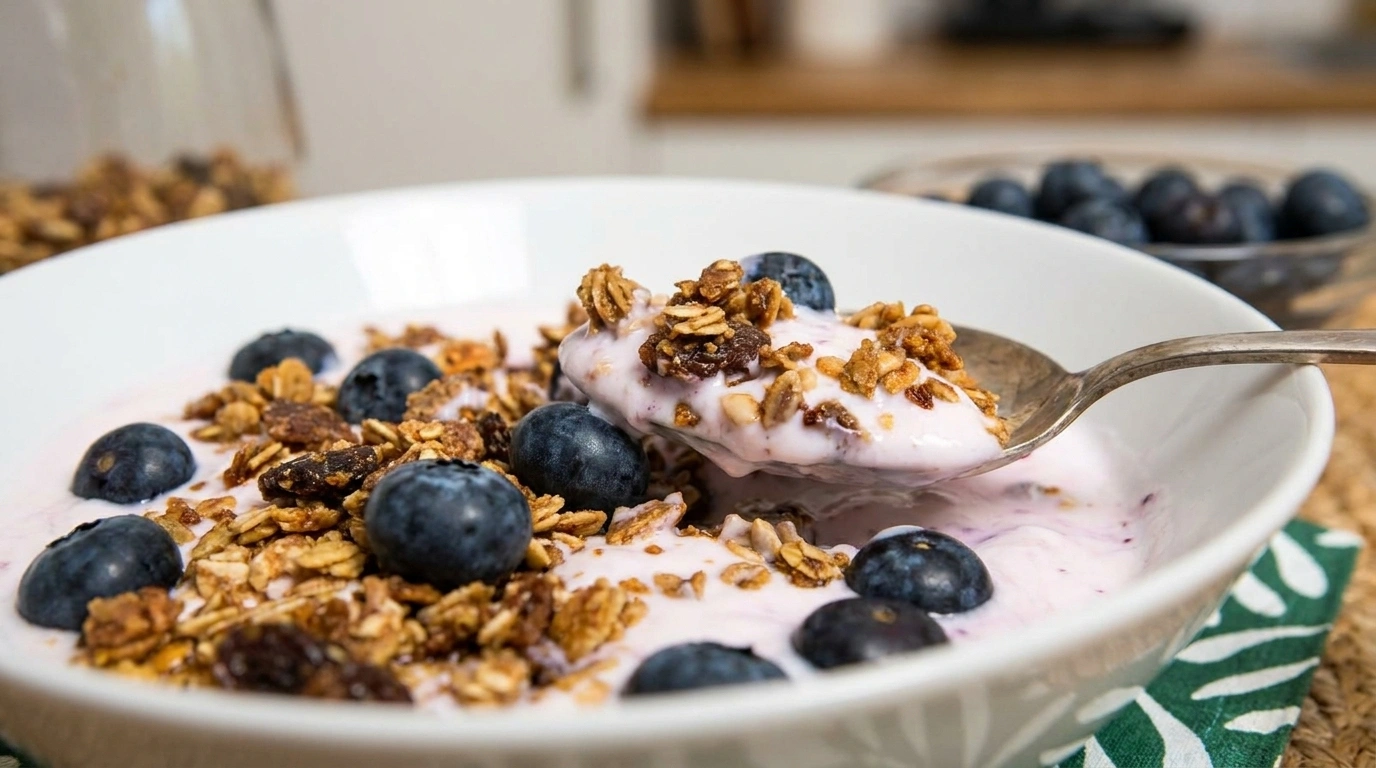 Kall yoghurt med granola och bär – Nyttig frukost på 2 minuter - traditionellt Svensk Frukost recept, perfekt till vardagsmiddag