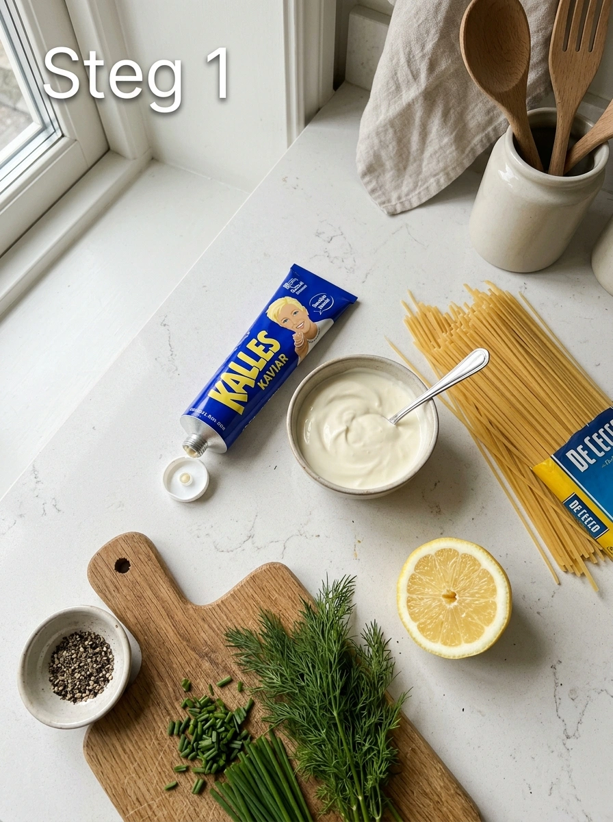 Koka linguine och förbered löjrom