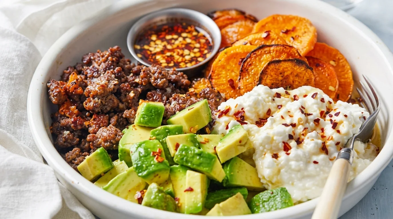 Keto taco bowl med kryddig nötfärs, krämig guacamole, smält riven ost och blomkålsris i en djup vit skål.