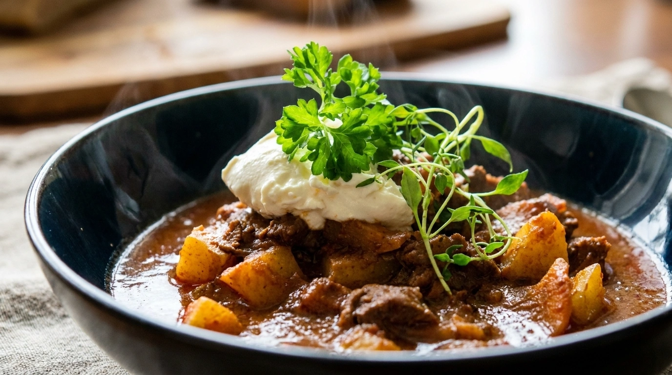 Klassisk gulasch med mörkött, rotfrukter och paprika i en djup keramikskål, toppad med en sked crème fraîche och färska örter.