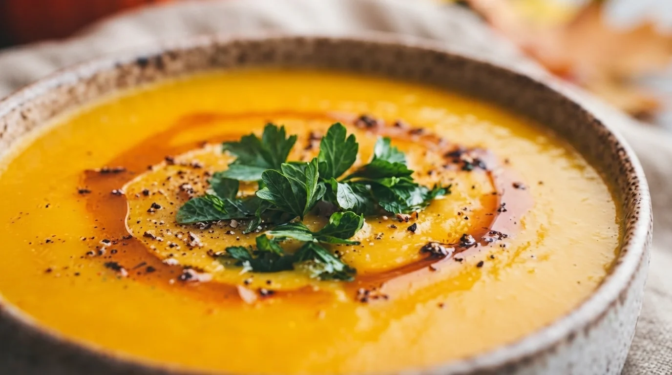 Krämig pumpasoppa i en vit skål, toppad med rostade pumpafrön, en droppe olivolja och knapprigt bröd bredvid.