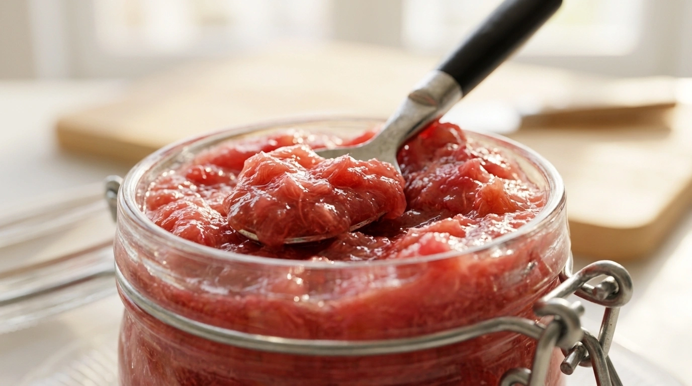 Klassisk rabarberchutney med ingefära och rosiner – Söt-syrligt tillbehör på 60 minuter - traditionellt Sverige Tillbehör recept, perfekt till vardagsmiddag