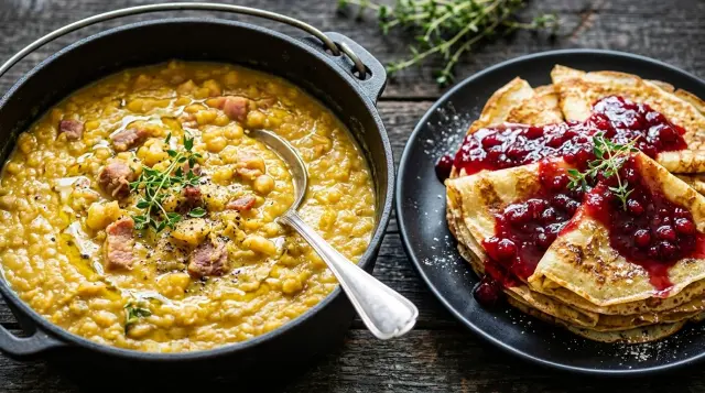 Klassisk vegetarisk ärtsoppa med pannkakor