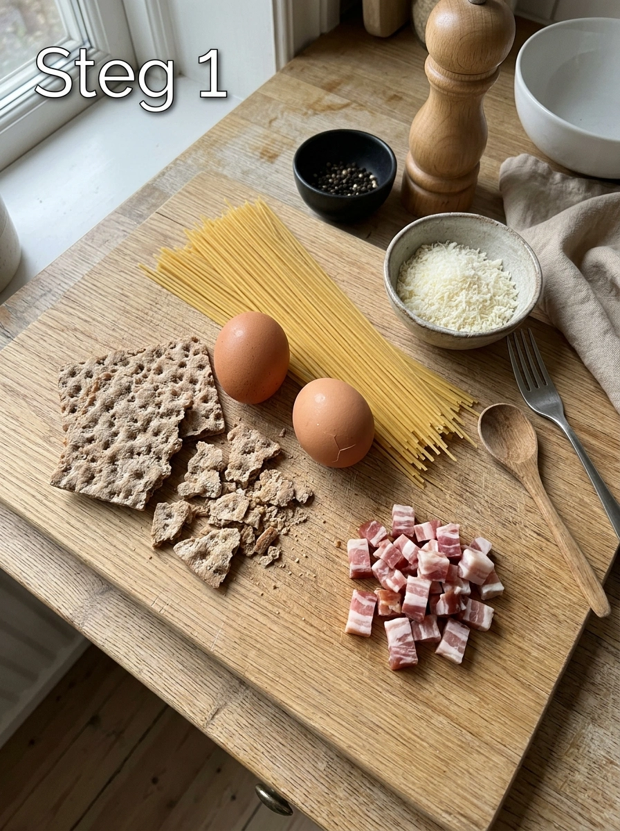 Krossa knäckebröd och förbered äggblandning