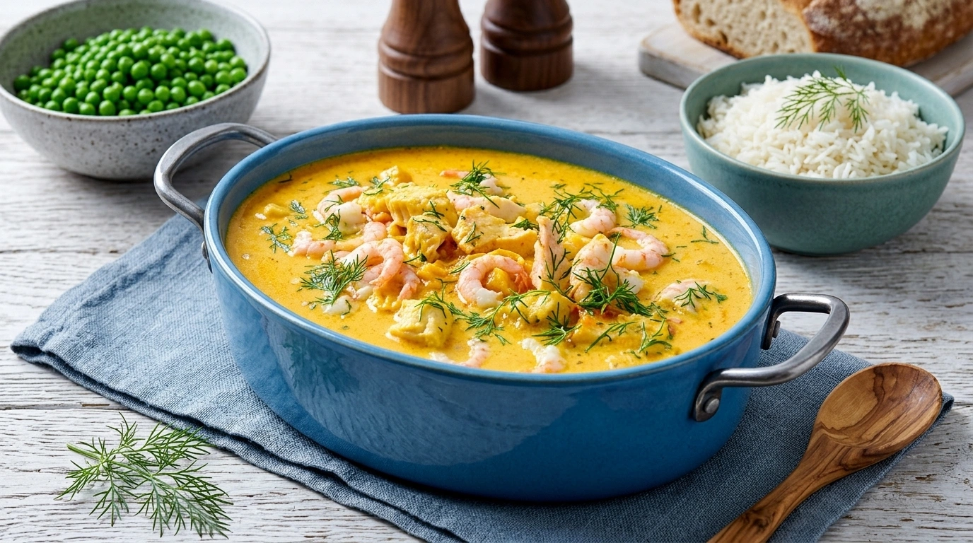 Krämig räkgryta med fullkornsris och dill