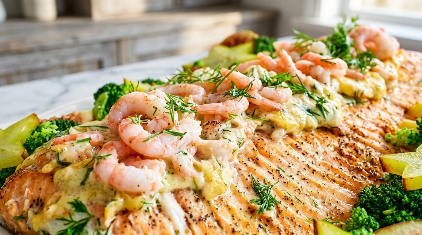 Smörstekt laxfilé med saffranssås och handskalade räkor - traditionellt Svensk Fisk & Skaldjur recept, perfekt till vardagsmiddag