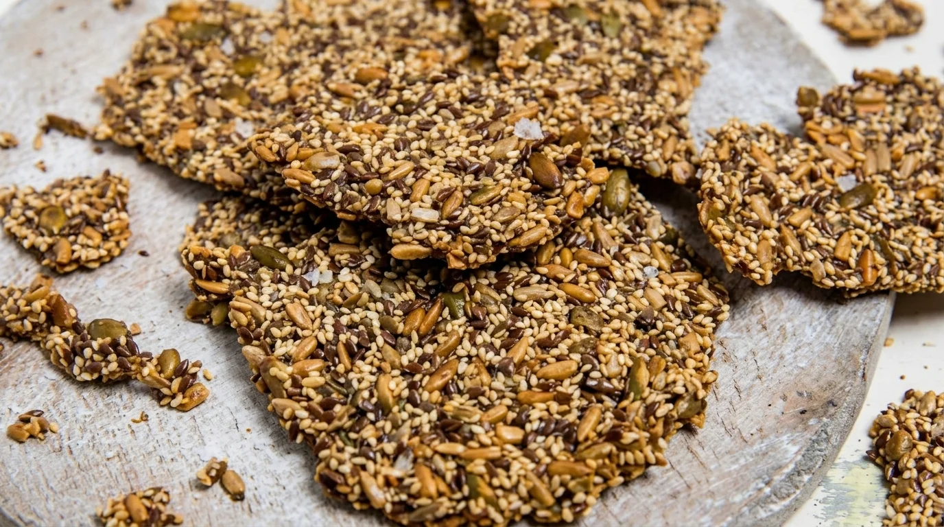Lchf knäckebröd med frön och sesam, stora knapriga rundlar på ett fat med smör.
