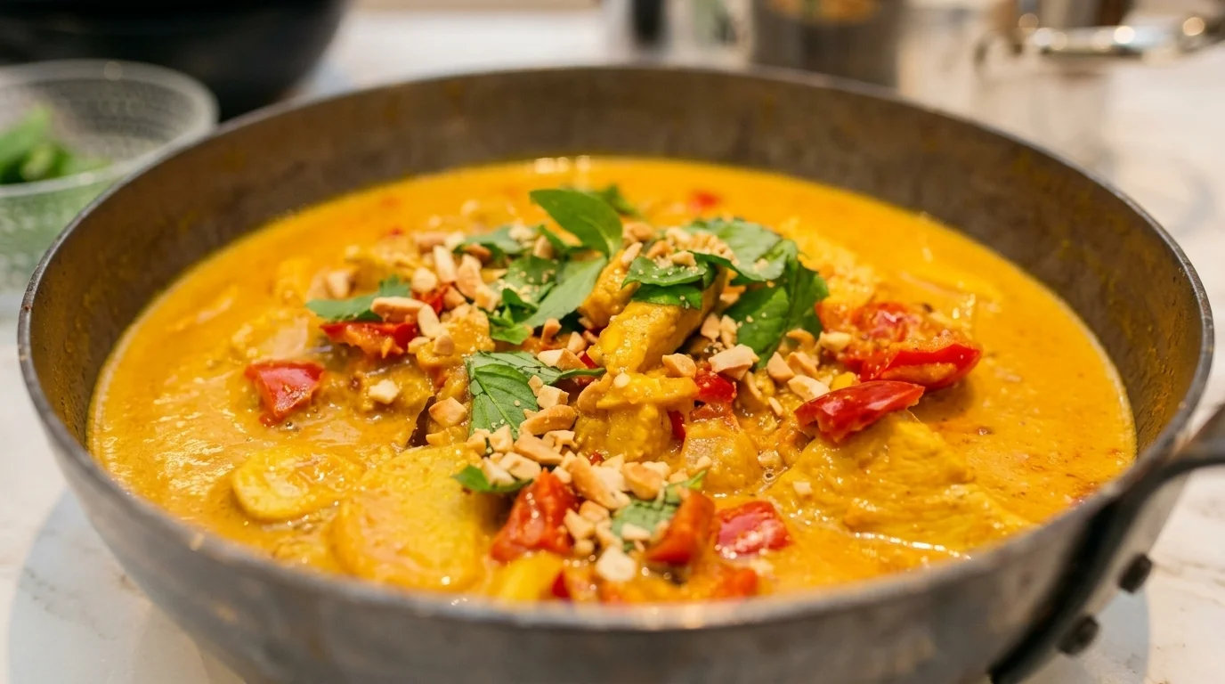 Krämig lchf kycklingcurry med kokosmjölk serverad över fräst blomkålsris i en djup skål, toppad med koriander.