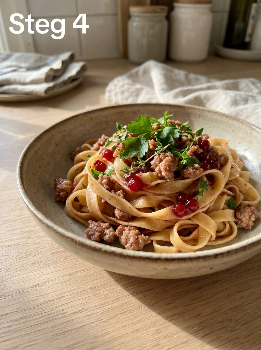 Blanda pasta med sås och lingonsylt