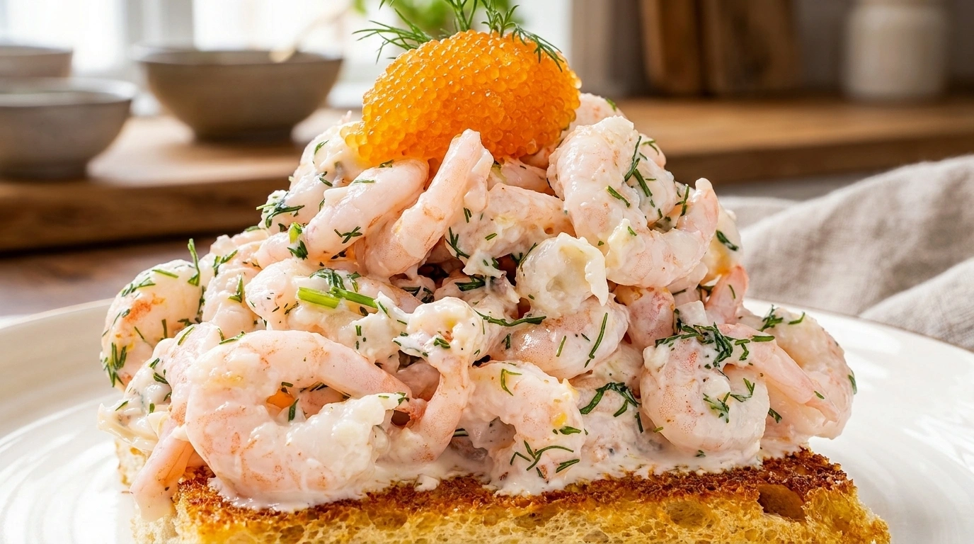 Lyxig Toast Skagen med Stora Räkor och Löjrom – Festlig kräftskiva-klassiker - traditionellt Svensk Förrätt recept, perfekt till vardagsmiddag