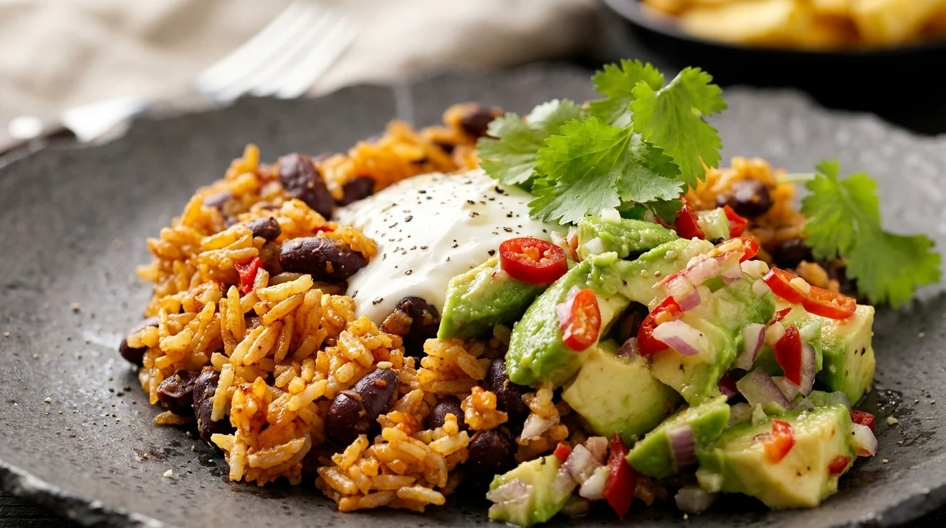 Färgglad mexikansk risgryta med kyckling, kidneybönor, majs och avocado i en stor kastrull.