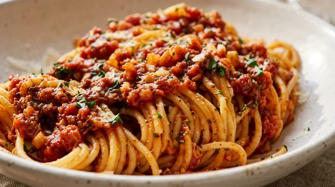 Vegetarisk bolognese med röda linser och morötter över tagliatelle, toppad med parmesan och färsk basilika.