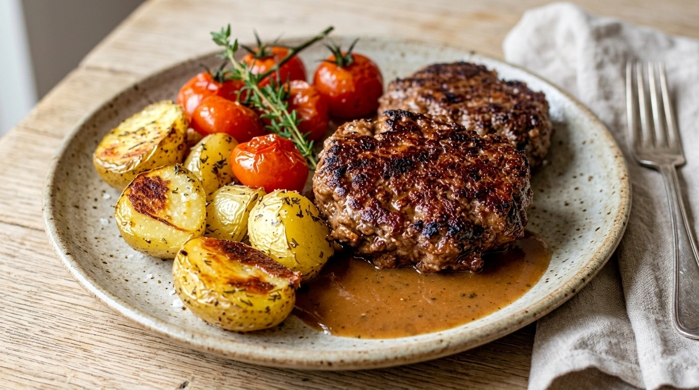 Nötfärsbiffar med kvarg-dipp och krossad potatis