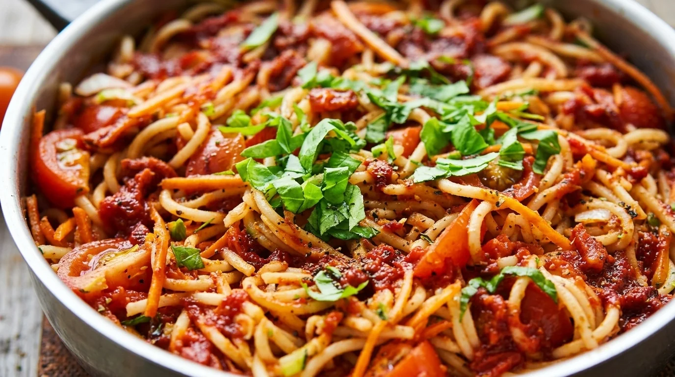 Saftig one-pot pasta med korv, tomatsås och fräsch spenat i en stor kastrull, toppad med parmesan.