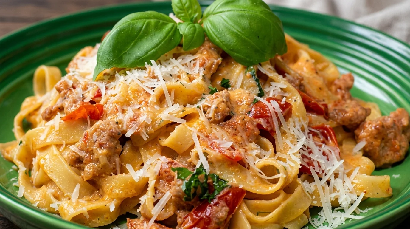Penne med krämig, rödgrön chorizosås med paprika och parmesan i en djup tallrik.