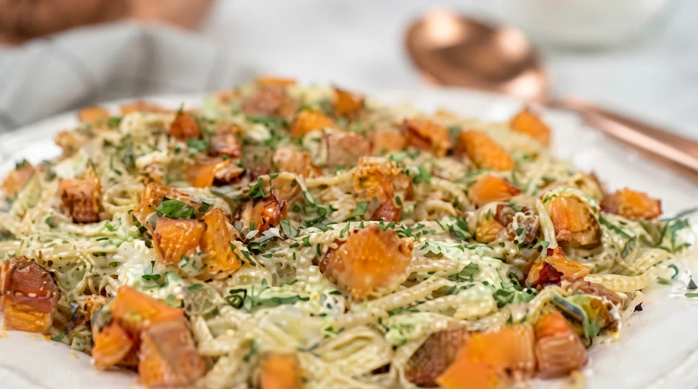 Pasta med krämig pumpsås, brynt smör och färsk salvia i en djup tallrik.