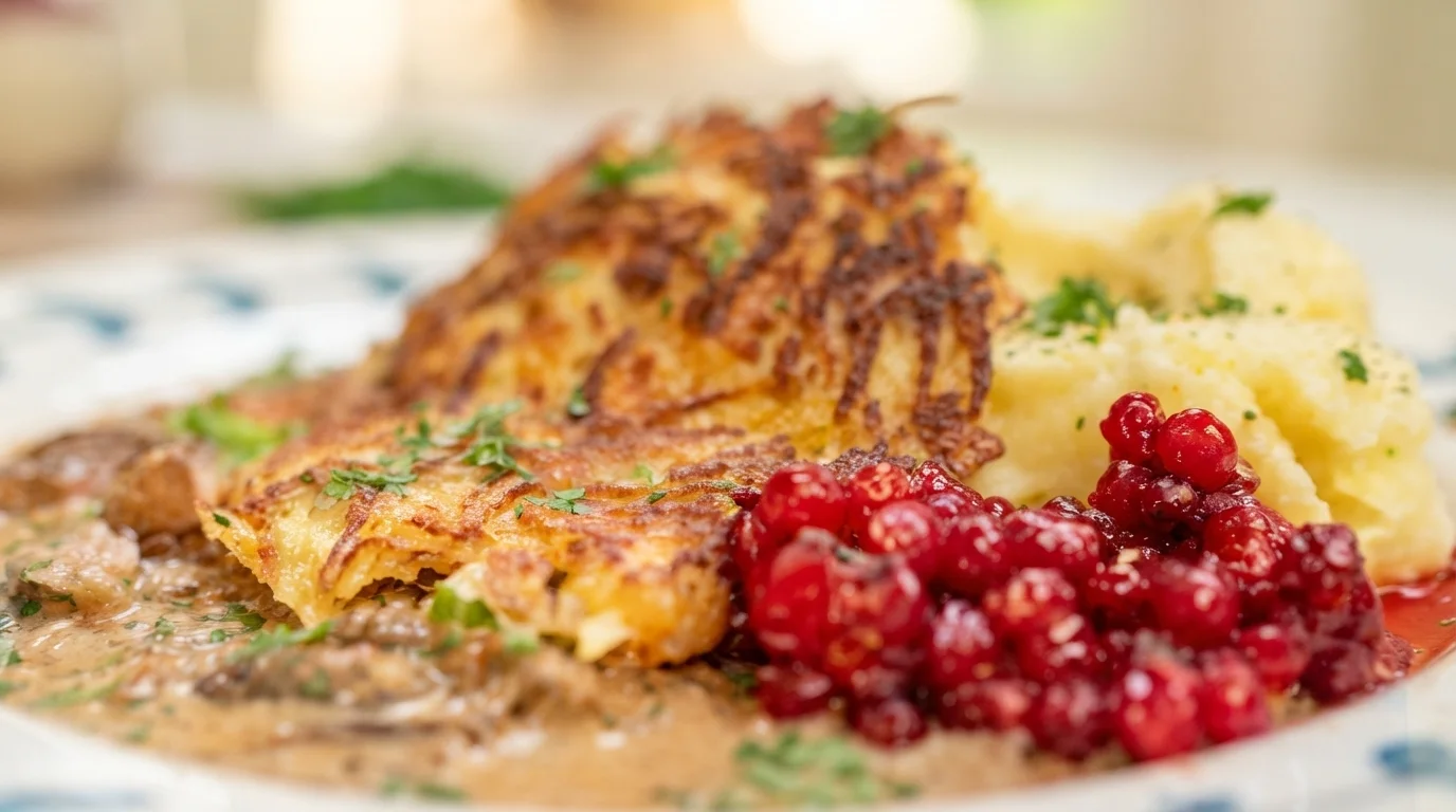 Rotfruktsbiffar med krämig senapssås och rårörda lingon i en tallrik, serverad med rotmos.