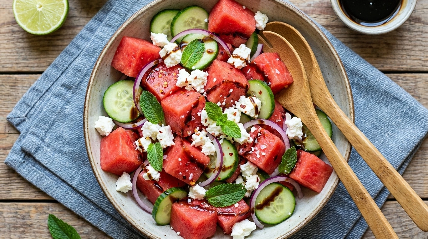 Sallad med vattenmelon, fetaost och mynta – Svalkande sommarklassiker på 10 minuter - traditionellt Grekland Sallad recept, perfekt till vardagsmiddag