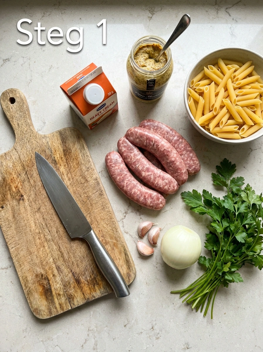 Koka penne och förbered falukorv