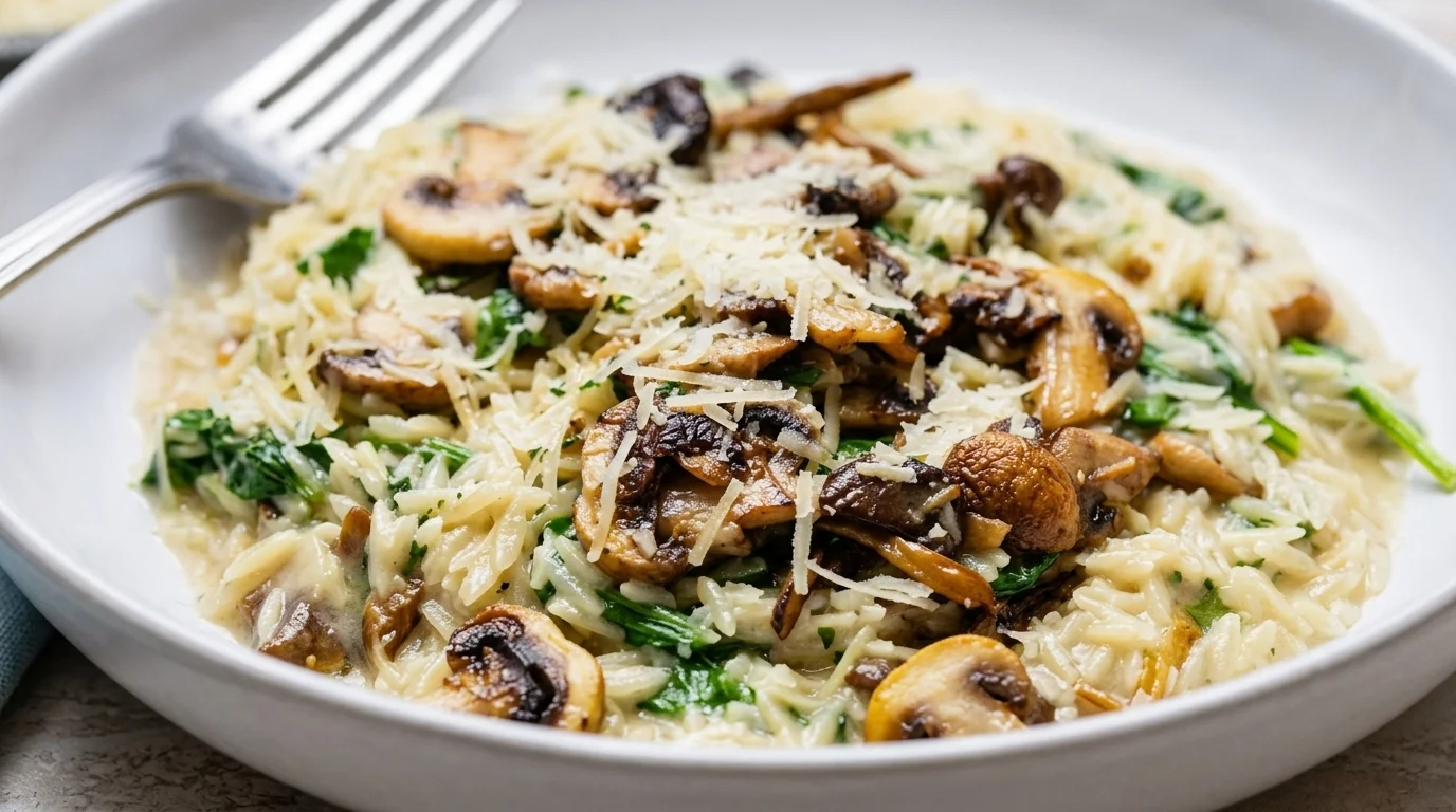 Krämig fuskrisotto med stekt svamp och rikligt med riven parmesan serverad i en djup tallrik.