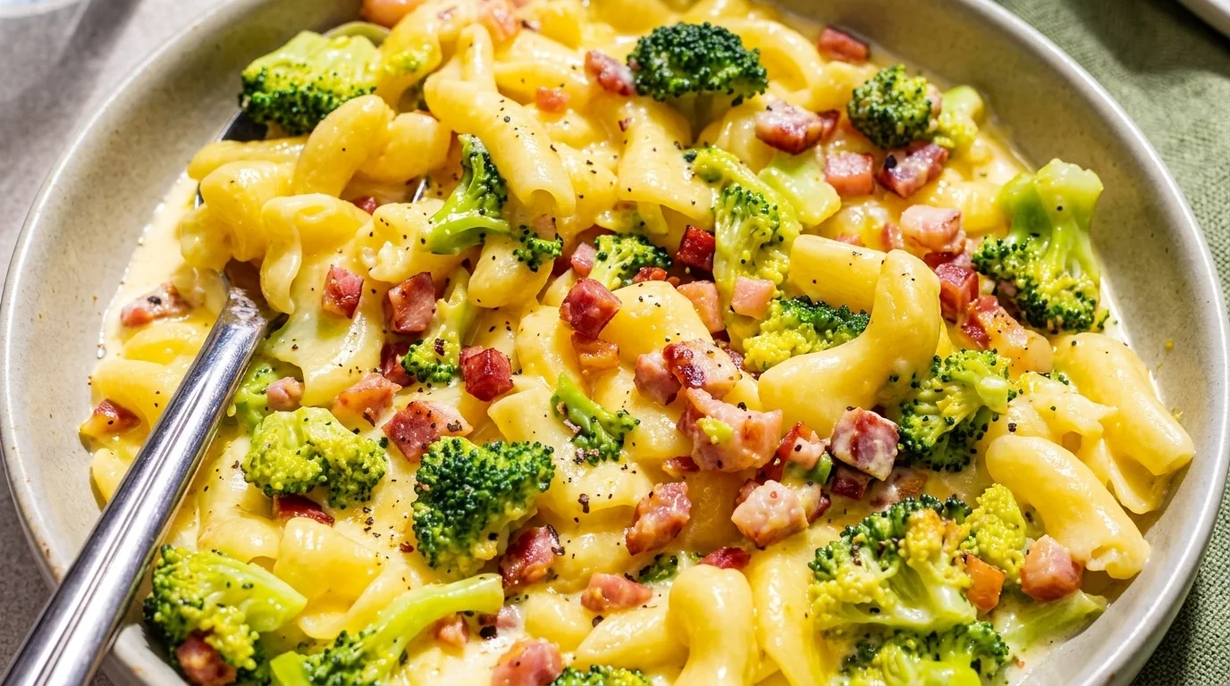 Krämiga makaroner med smält cheddar och krispigt knaperstekt bacon, rikligt toppad med riven parmesan i en djup tallrik.