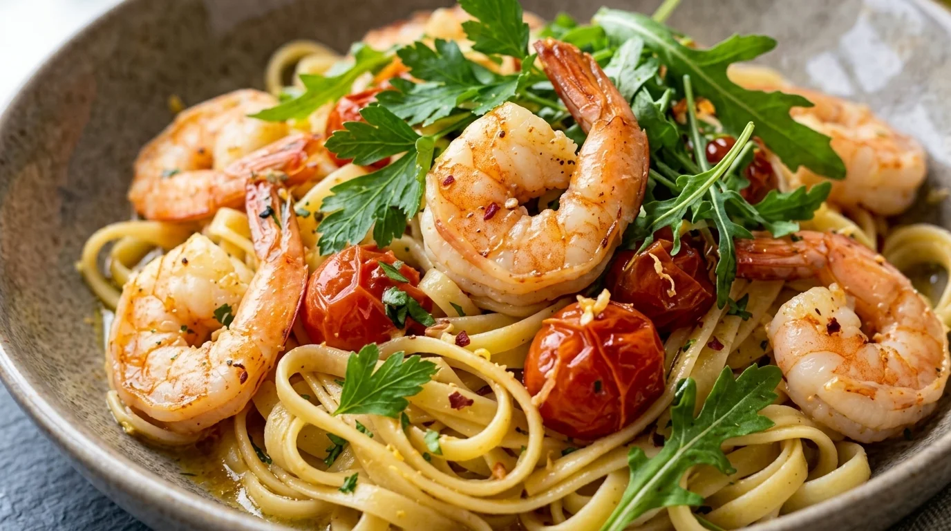 Linguine med rosa räkor, glänsande vitlöks- och chilibrynt smör, färsk persilja och citrus som vänds i en djup tallrik.