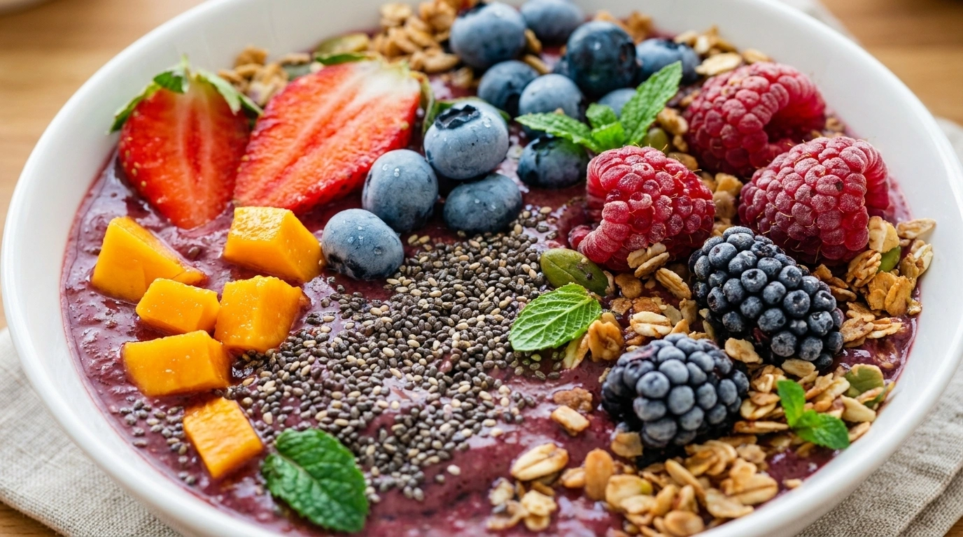 Snabb smoothie bowl med toppings – Färgstark frukost på 5 minuter - traditionellt Svensk Frukost recept, perfekt till vardagsmiddag