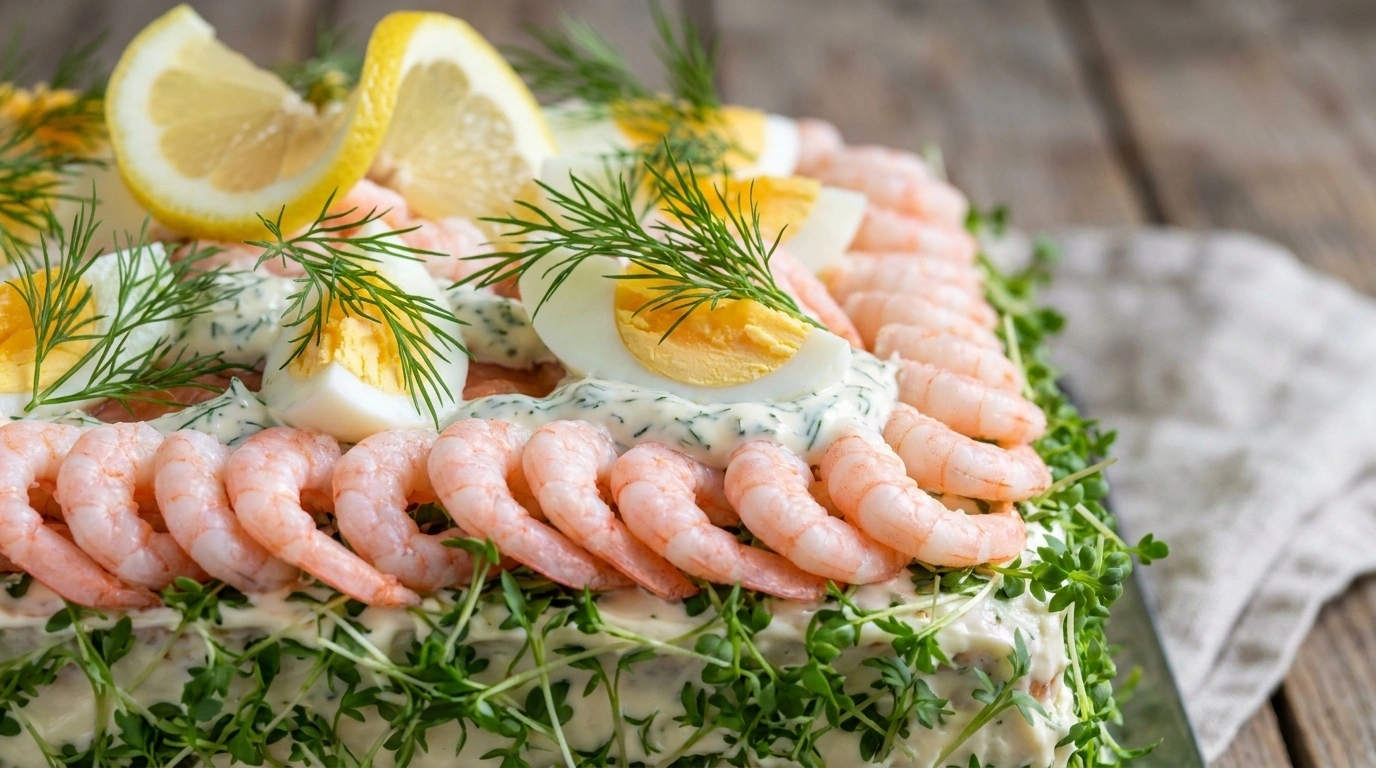 Snabb smörgåstårta med räkor – Lyxig mini-tårta på 10 minuter - traditionellt Svensk Lunch recept, perfekt till vardagsmiddag