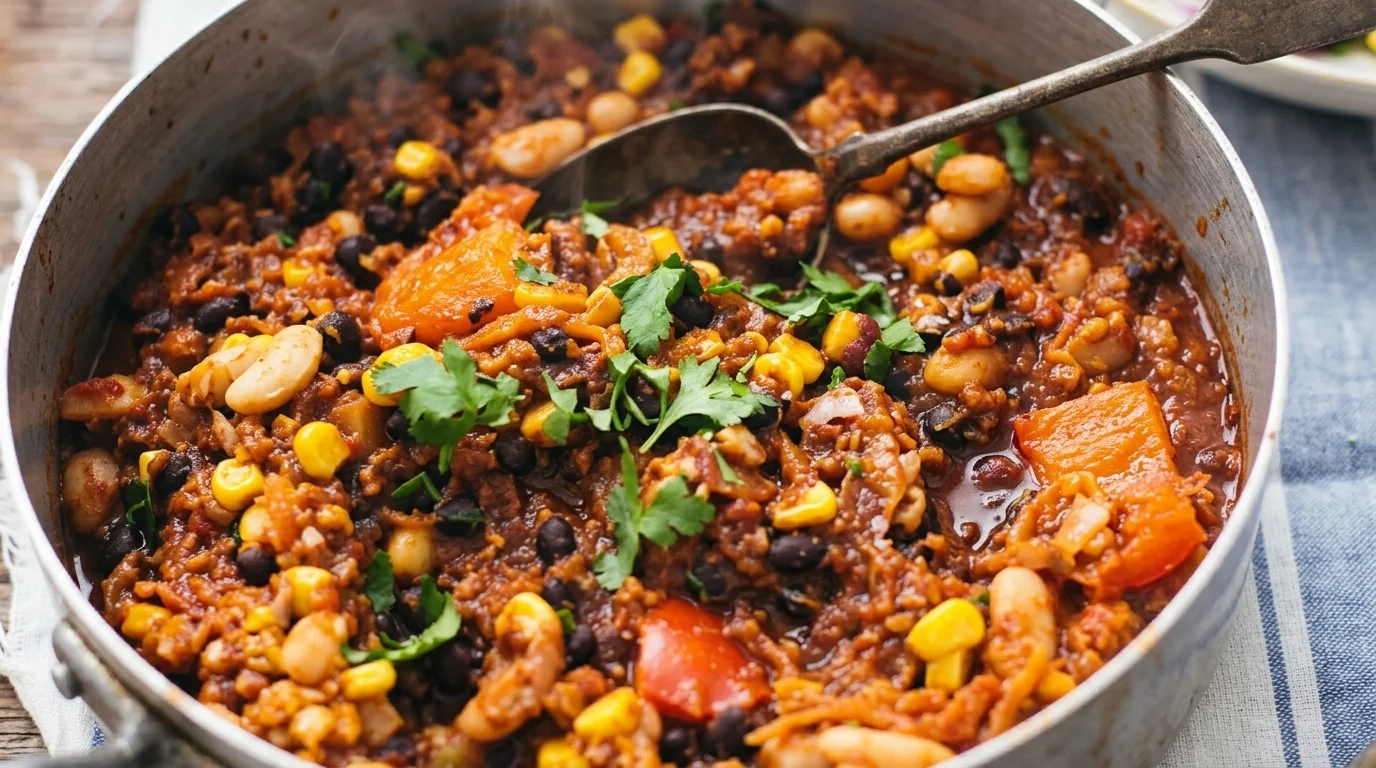 Mustig vegetarisk chili sin carne med kidneybönor, svarta bönor, majs och rökiga kryddor serverad i en djup skål med limeklyfta och koriander.