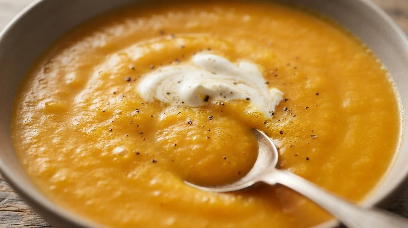Sötpotatis- och morotssoppa med rödlök och chili i en skål, toppad med crème fraîche och chiliflakes.