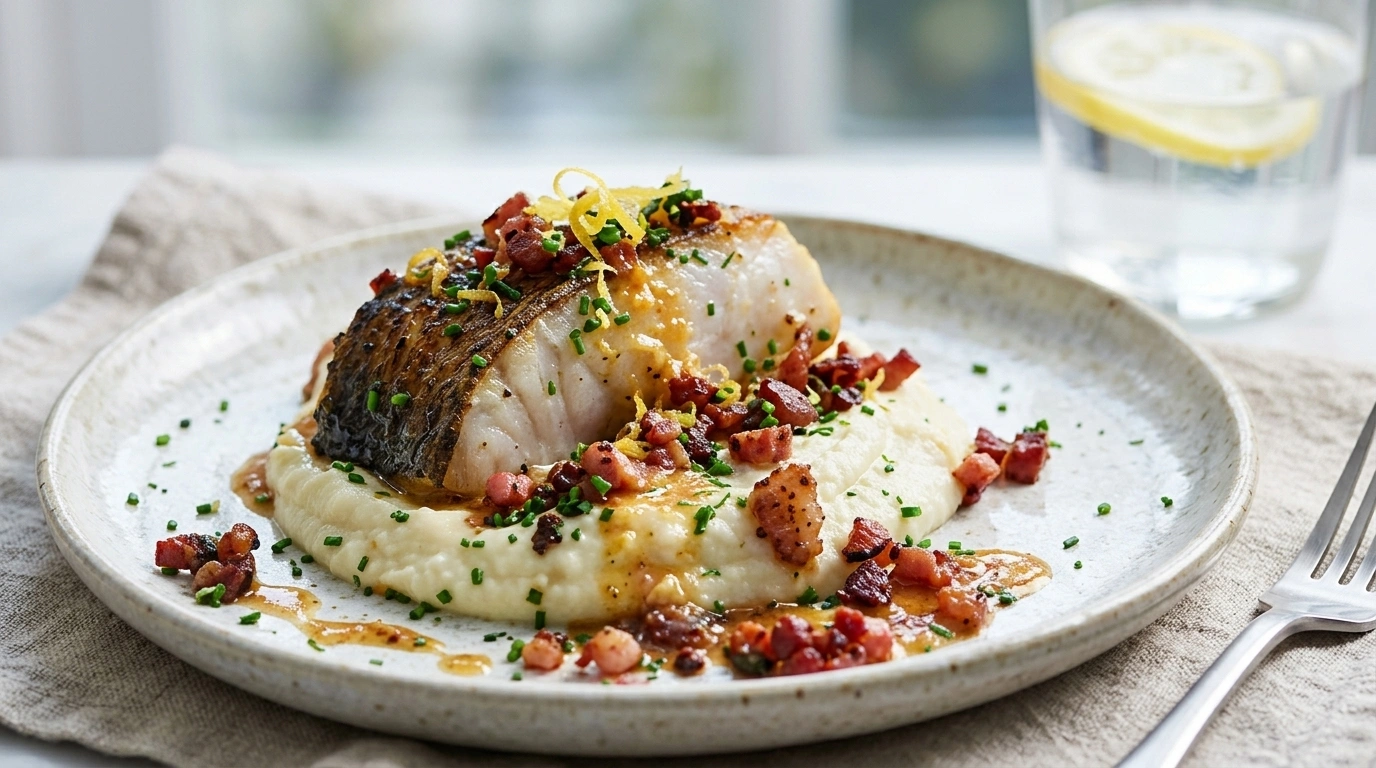 Torsk i ugn med bacon, ärtor och persiljesås