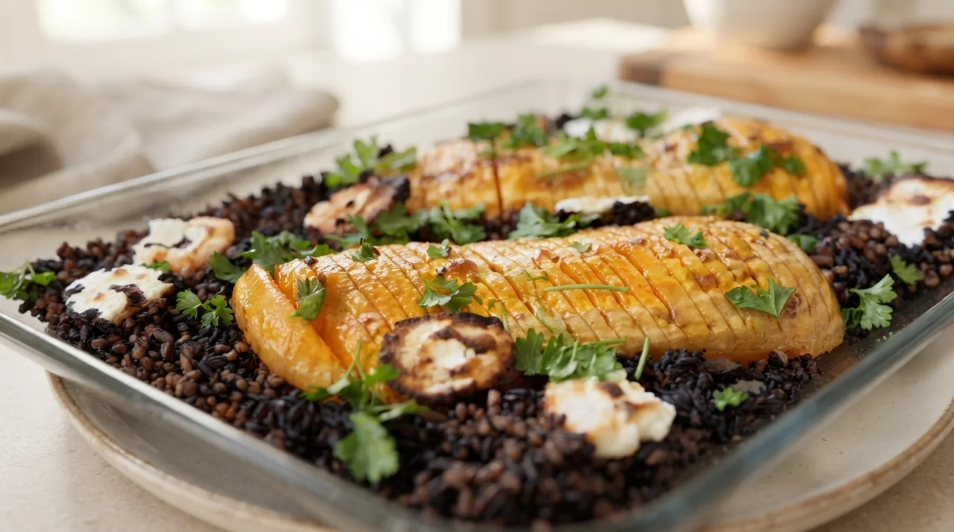 Hel ugnsbakad pumpa fylld med quinoa, rostade nötter och tranbär, serverad på ett stort fat med örter.