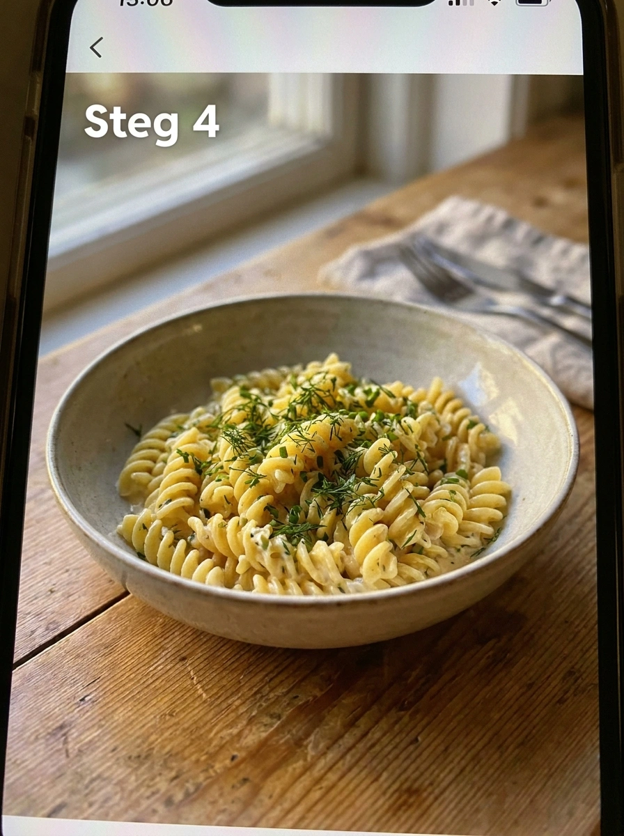 Blanda pasta med sås och garnera med persilja