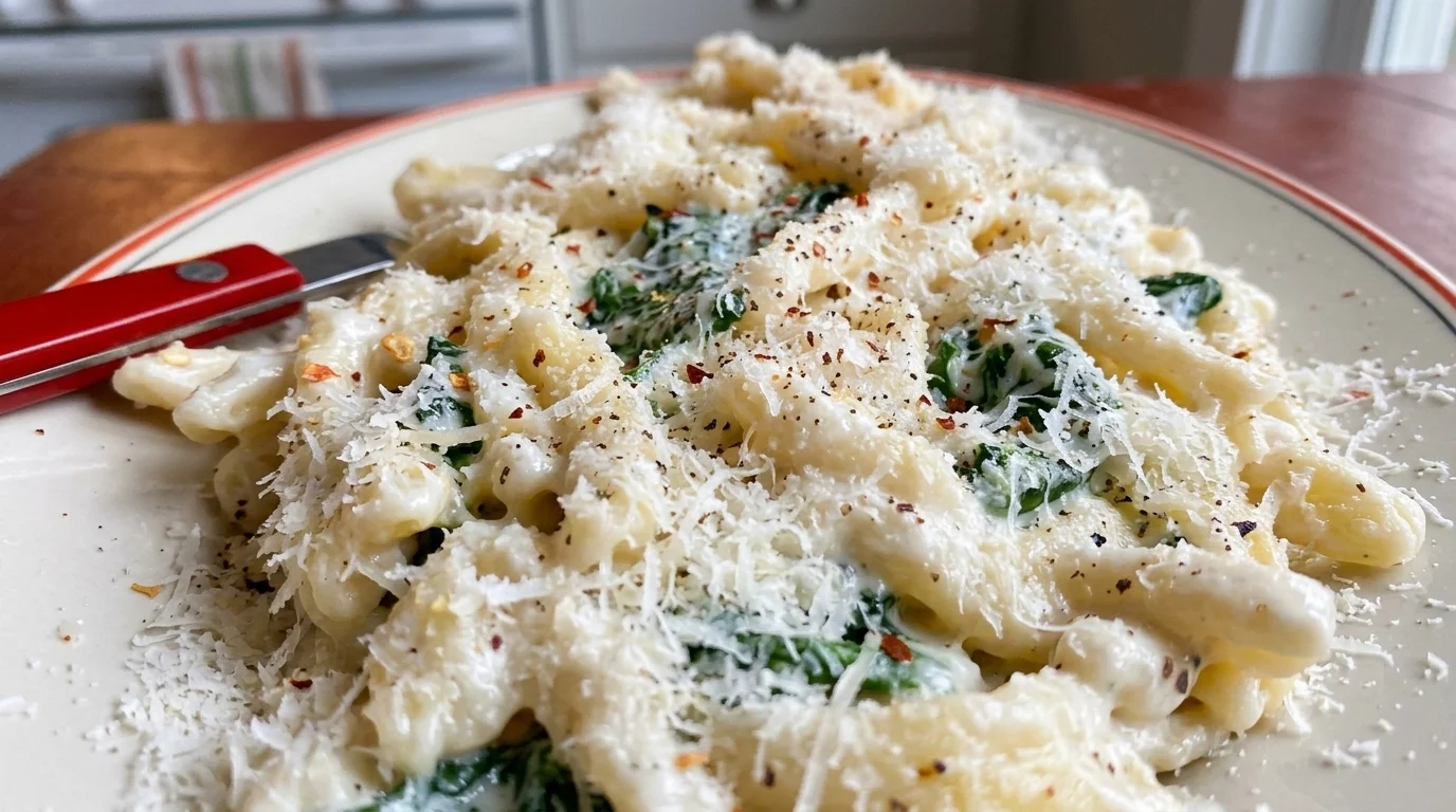 Ljus pasta med nästan smält babyspenat, rivet citronskal och rikt med riven parmesan i en djup vit tallrik.